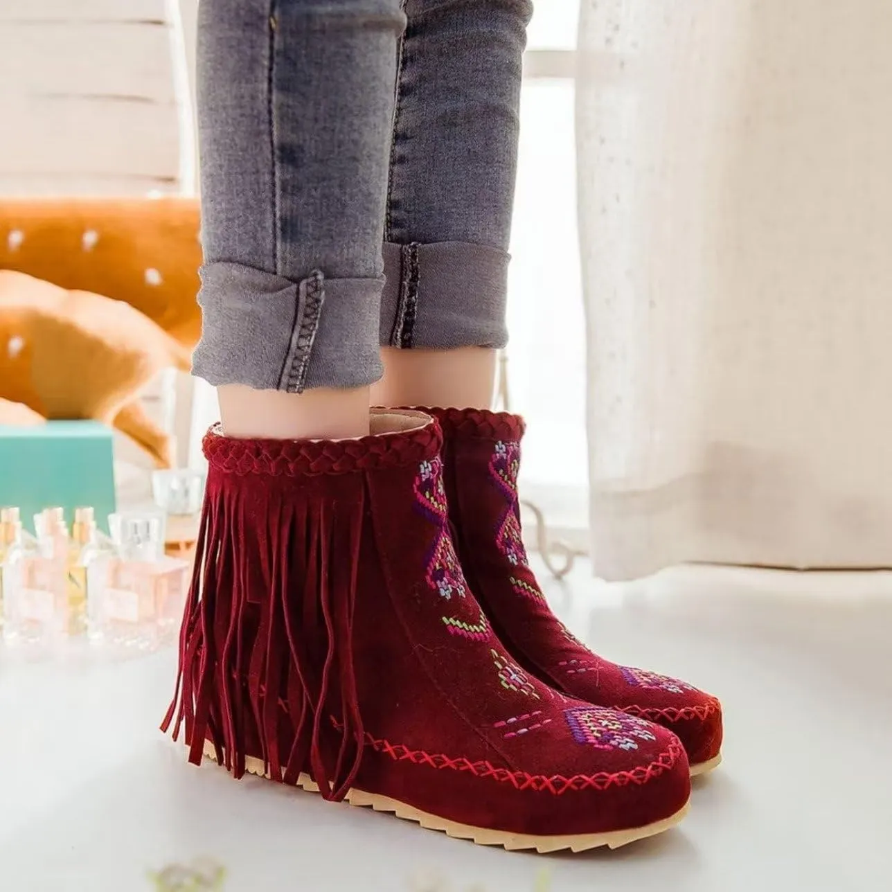 Women's Retro Fringe Moccasin Boots Low Heel Ankle Boots Slip On Comfy Warm Classic Booties
