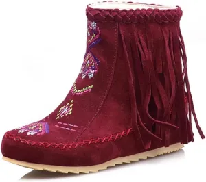 Women's Retro Fringe Moccasin Boots Low Heel Ankle Boots Slip On Comfy Warm Classic Booties