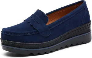 Women's Retro Suede Casual Loafers Slip-On Comfort Wedge Walking Shoes Moccasin Lightweight Non-Slip Thick Sole Boat Shoes