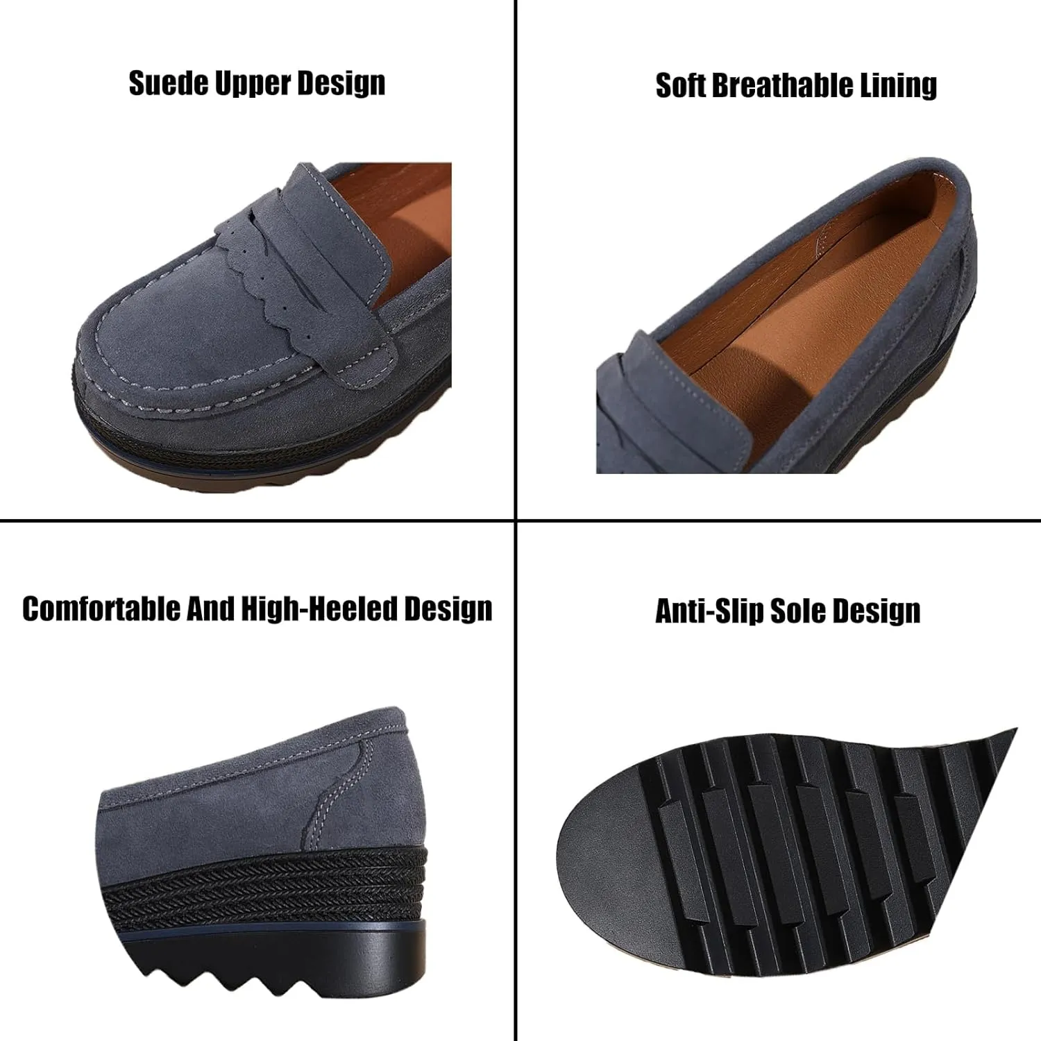 Women's Retro Suede Casual Loafers Slip-On Comfort Wedge Walking Shoes Moccasin Lightweight Non-Slip Thick Sole Boat Shoes