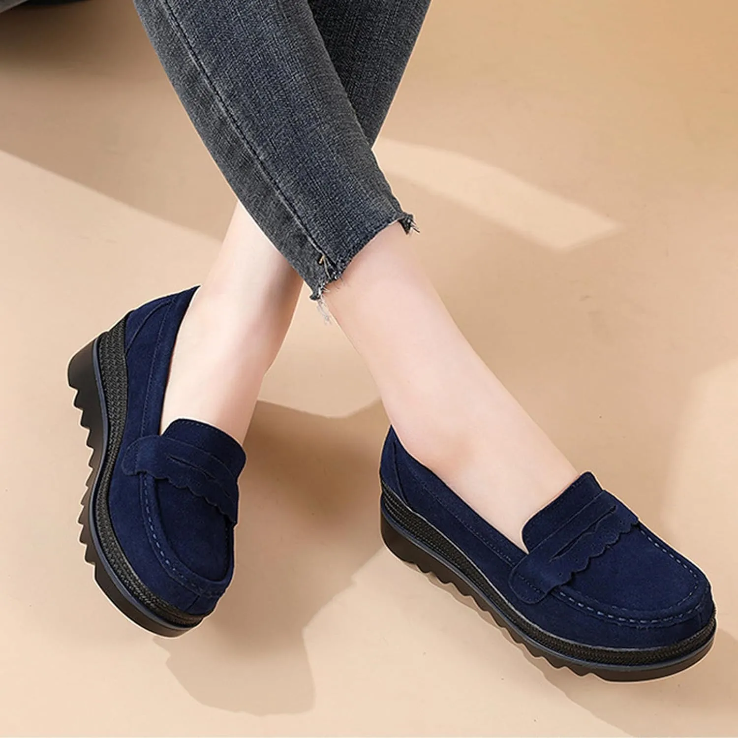 Women's Retro Suede Casual Loafers Slip-On Comfort Wedge Walking Shoes Moccasin Lightweight Non-Slip Thick Sole Boat Shoes