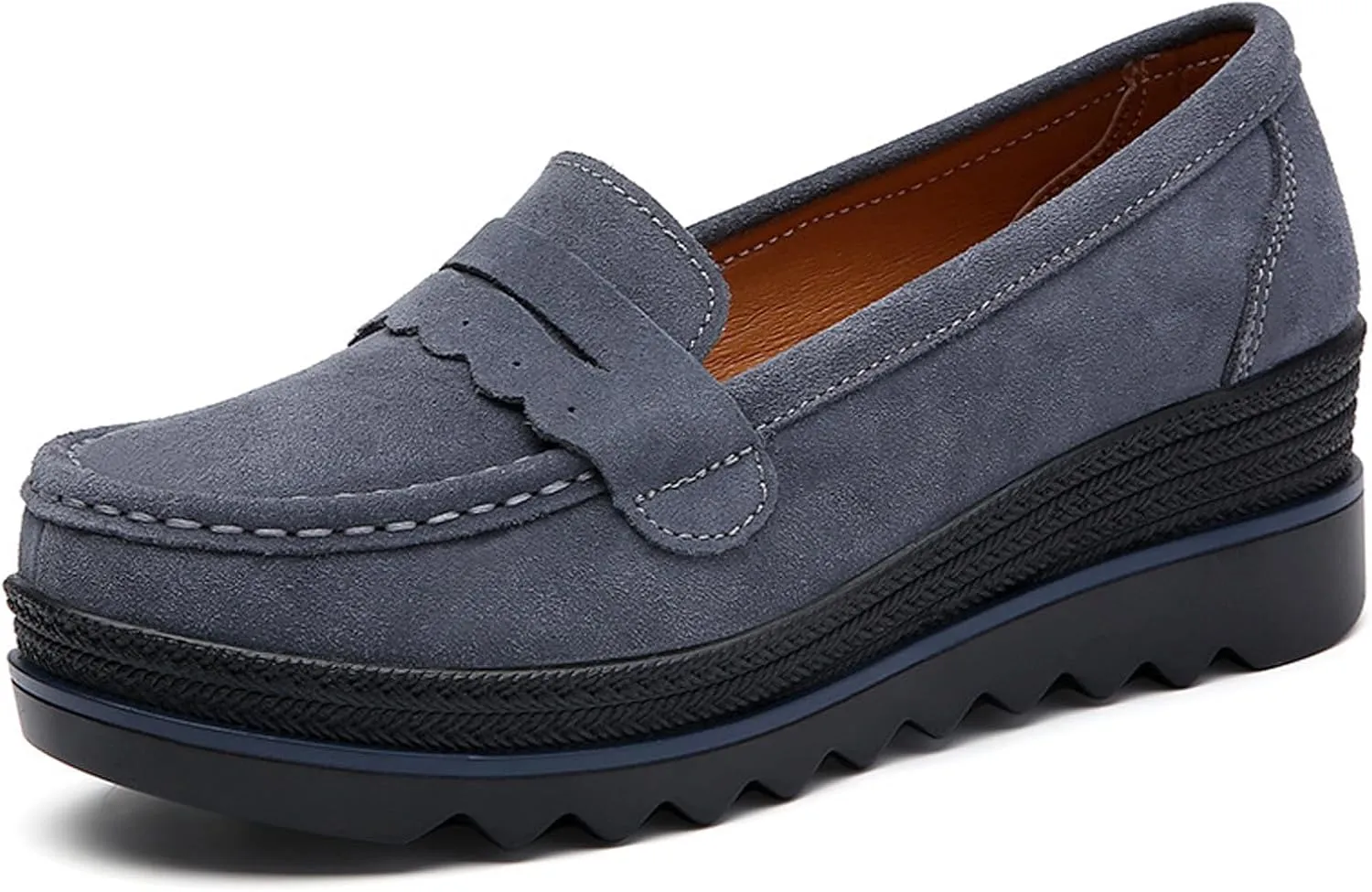 Women's Retro Suede Casual Loafers Slip-On Comfort Wedge Walking Shoes Moccasin Lightweight Non-Slip Thick Sole Boat Shoes
