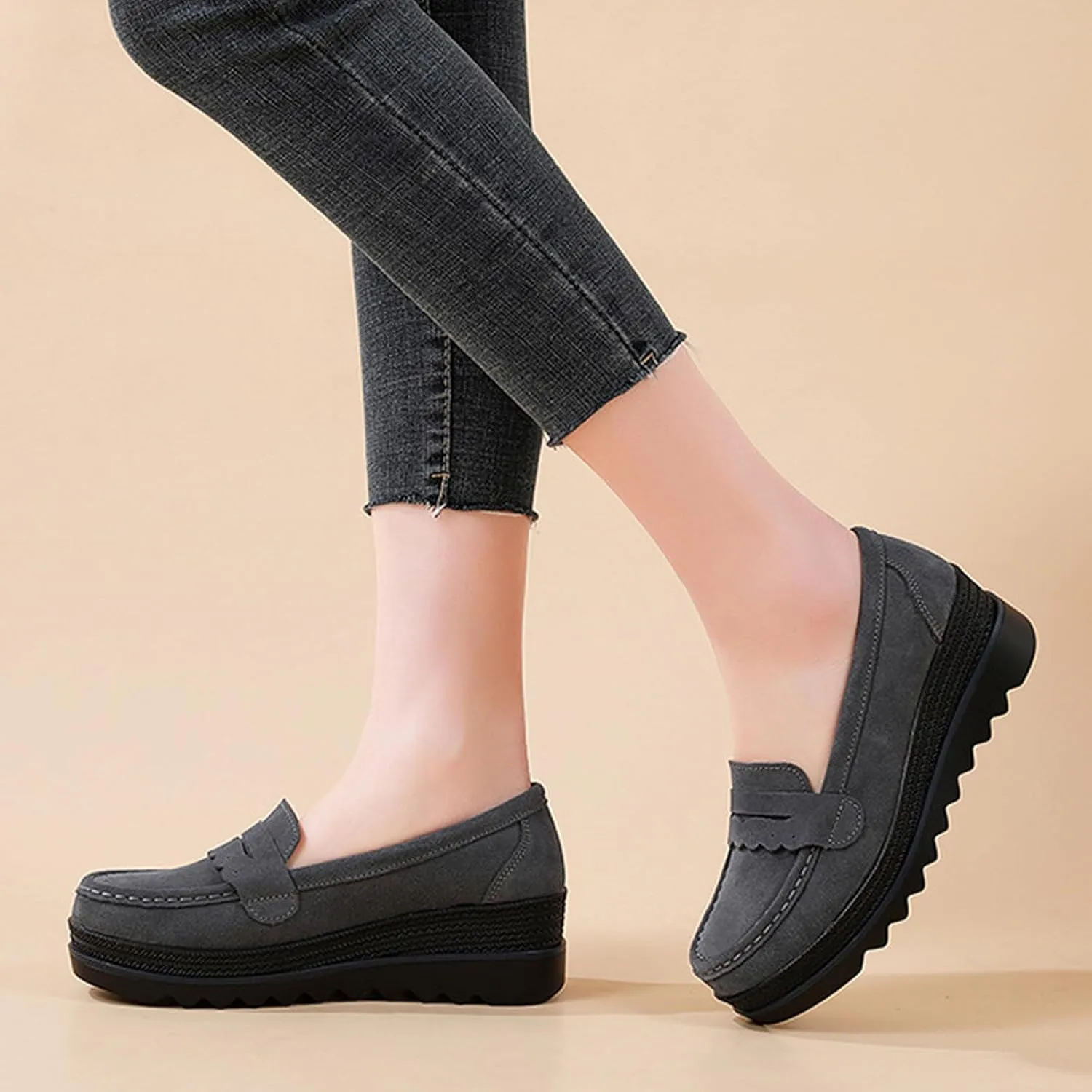 Women's Retro Suede Casual Loafers Slip-On Comfort Wedge Walking Shoes Moccasin Lightweight Non-Slip Thick Sole Boat Shoes