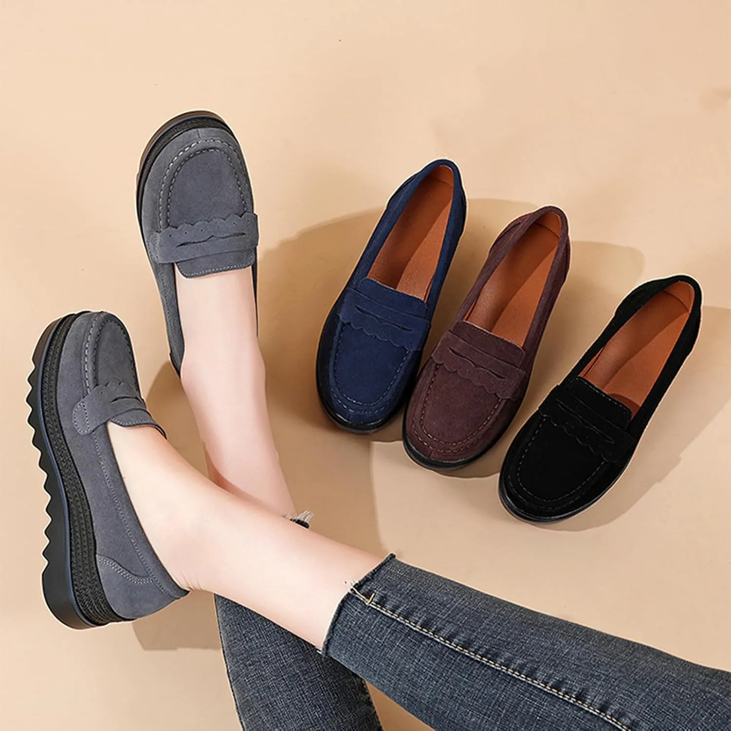 Women's Retro Suede Casual Loafers Slip-On Comfort Wedge Walking Shoes Moccasin Lightweight Non-Slip Thick Sole Boat Shoes