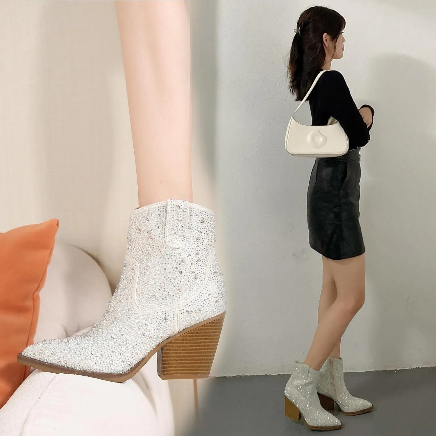Women's Rhinestone Boots Sparkly Cowboy Booties Chunky Block Heel Pearl Detail Pointed Toe Bridal Wedding Western Studded Ankle Boots Cowgirl Short Boots