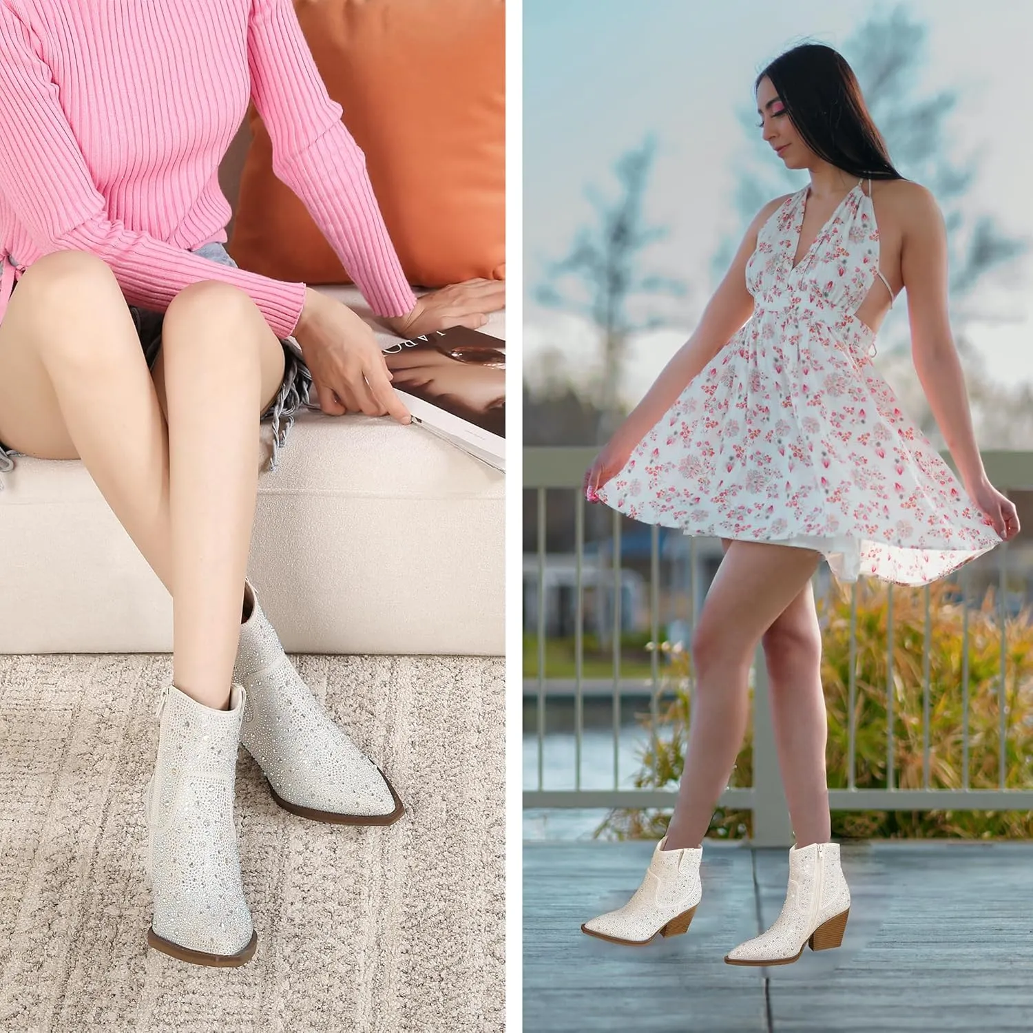 Women's Rhinestone Boots Sparkly Cowboy Booties Chunky Block Heel Pearl Detail Pointed Toe Bridal Wedding Western Studded Ankle Boots Cowgirl Short Boots