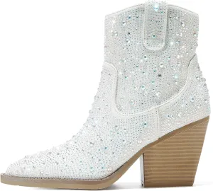Women's Rhinestone Boots Sparkly Cowboy Booties Chunky Block Heel Pearl Detail Pointed Toe Bridal Wedding Western Studded Ankle Boots Cowgirl Short Boots