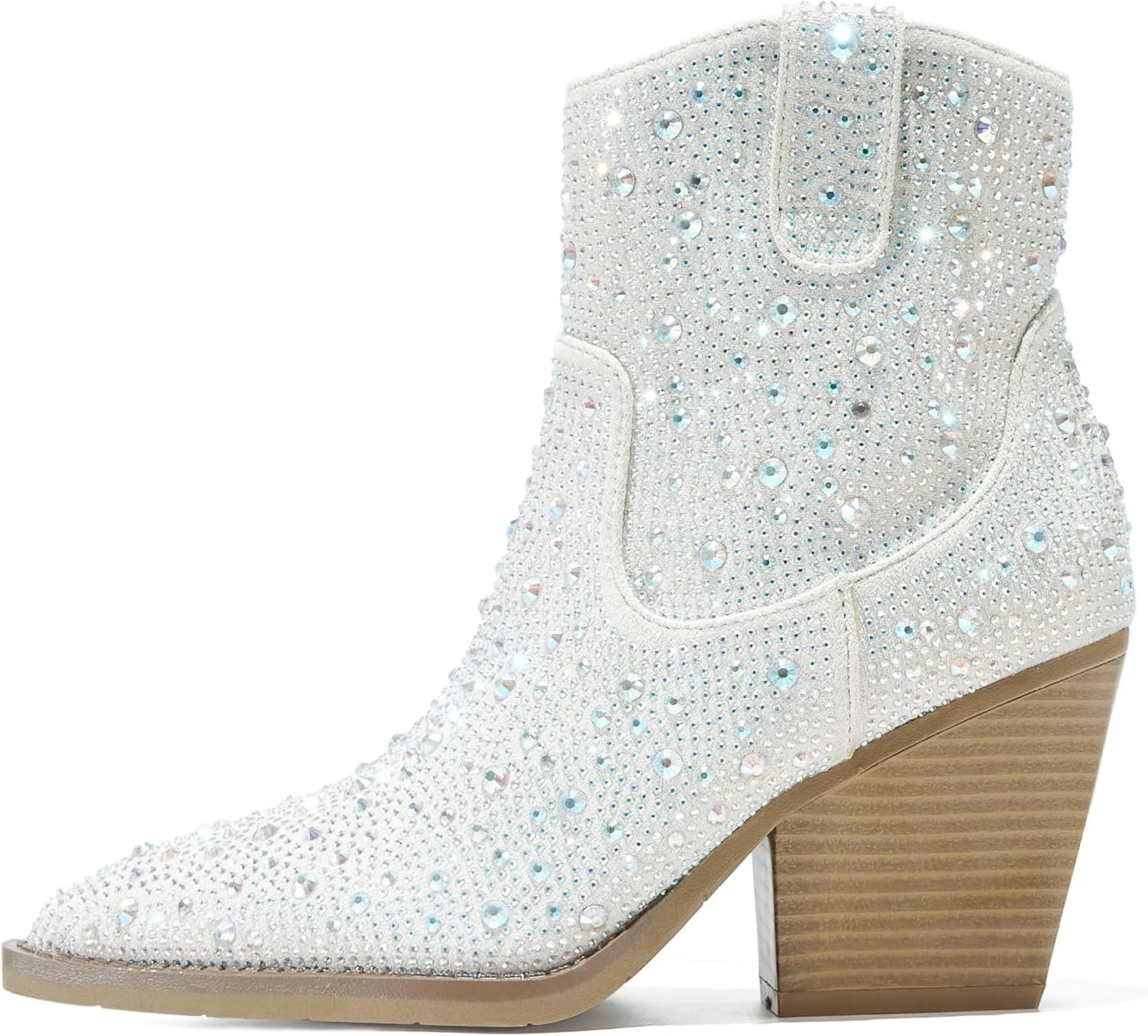 Women's Rhinestone Boots Sparkly Cowboy Booties Chunky Block Heel Pearl Detail Pointed Toe Bridal Wedding Western Studded Ankle Boots Cowgirl Short Boots