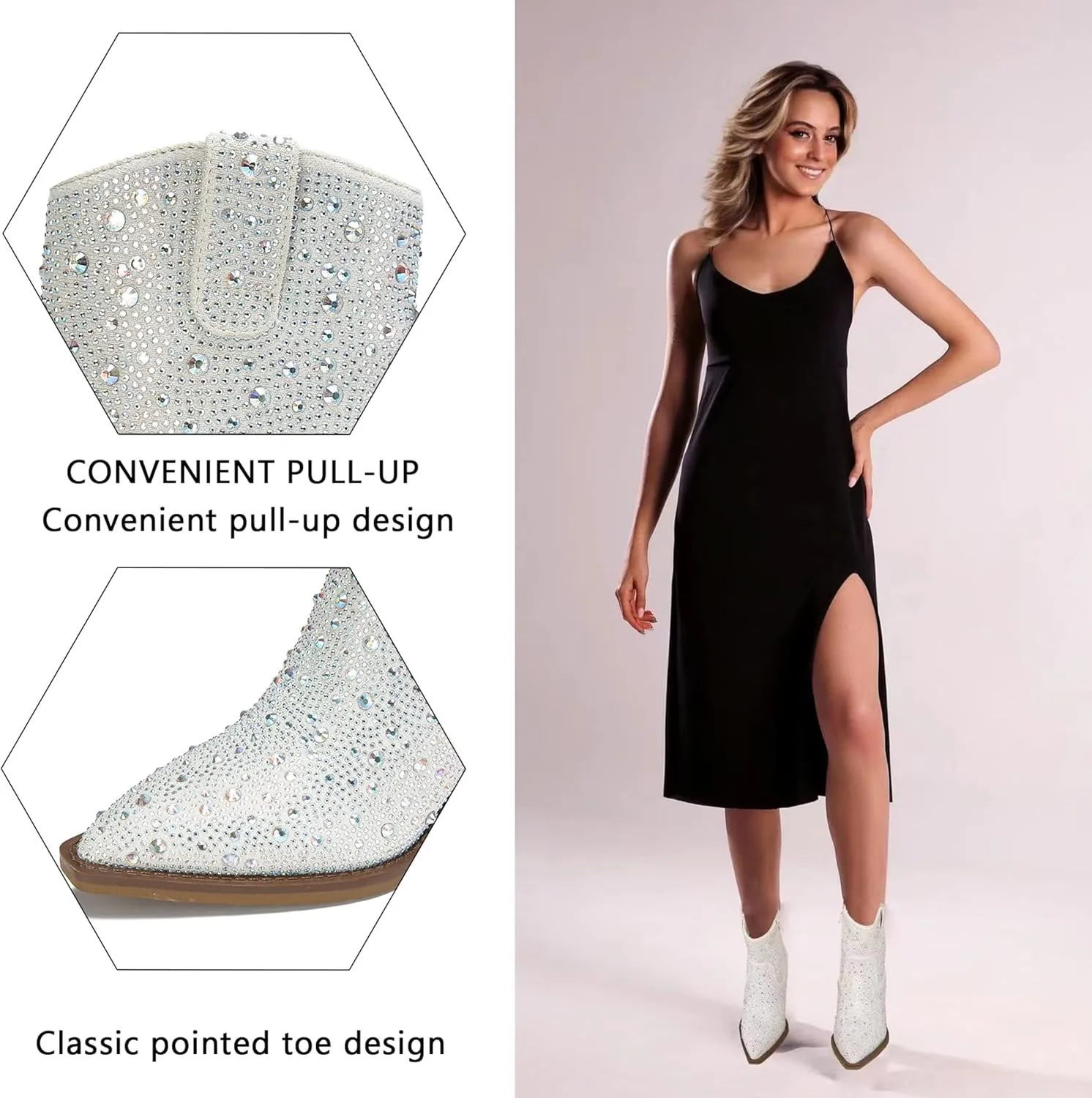 Women's Rhinestone Boots Sparkly Cowboy Booties Chunky Block Heel Pearl Detail Pointed Toe Bridal Wedding Western Studded Ankle Boots Cowgirl Short Boots