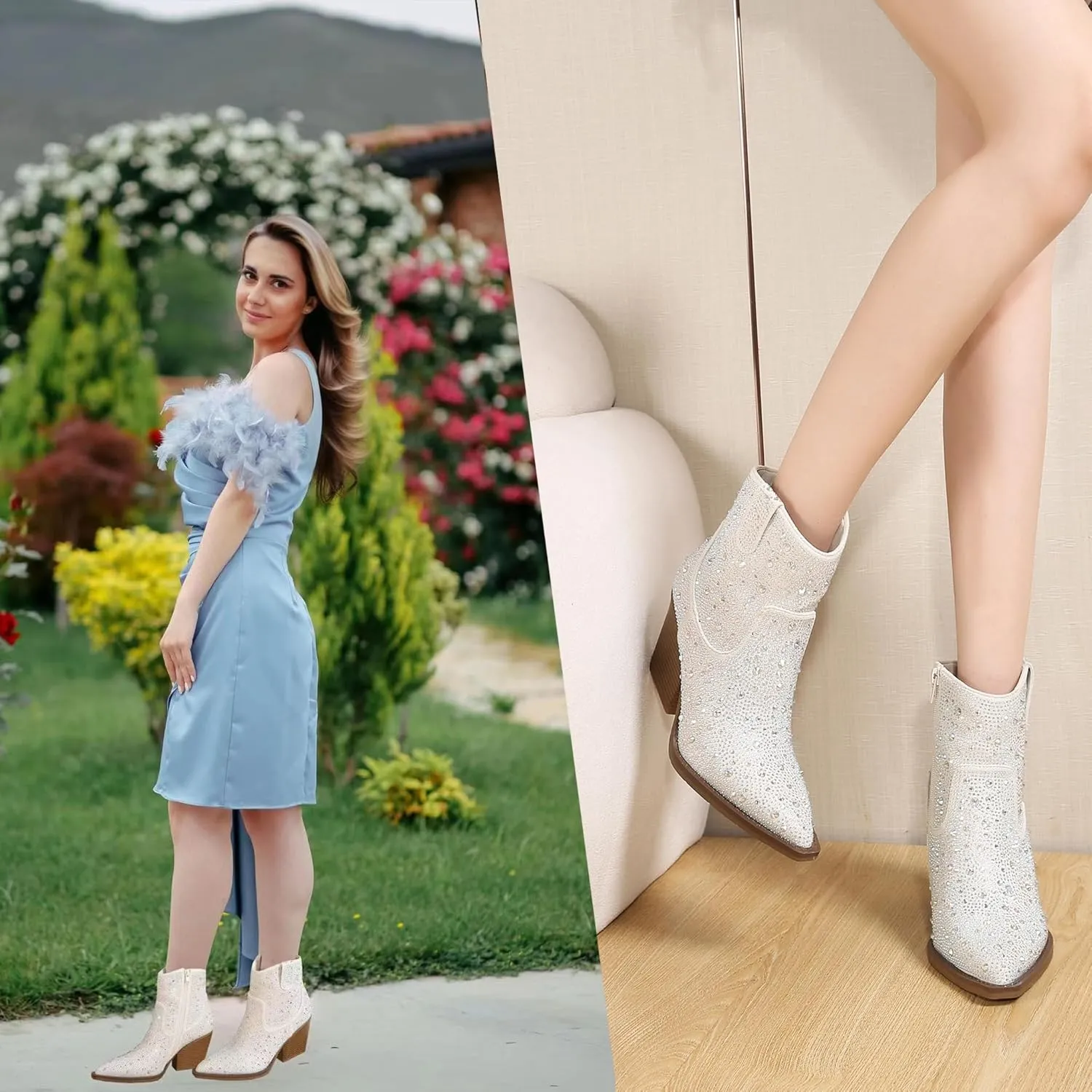 Women's Rhinestone Boots Sparkly Cowboy Booties Chunky Block Heel Pearl Detail Pointed Toe Bridal Wedding Western Studded Ankle Boots Cowgirl Short Boots