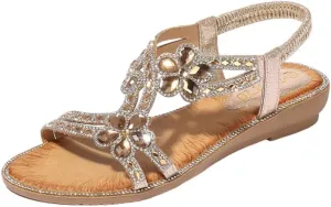 Women's Rhinestone Floral Decoration Slide Summer Sandals, Fashion Lady Bohemian Fairy Wind with Skirt Shoes， Comfortable Beach Shoes