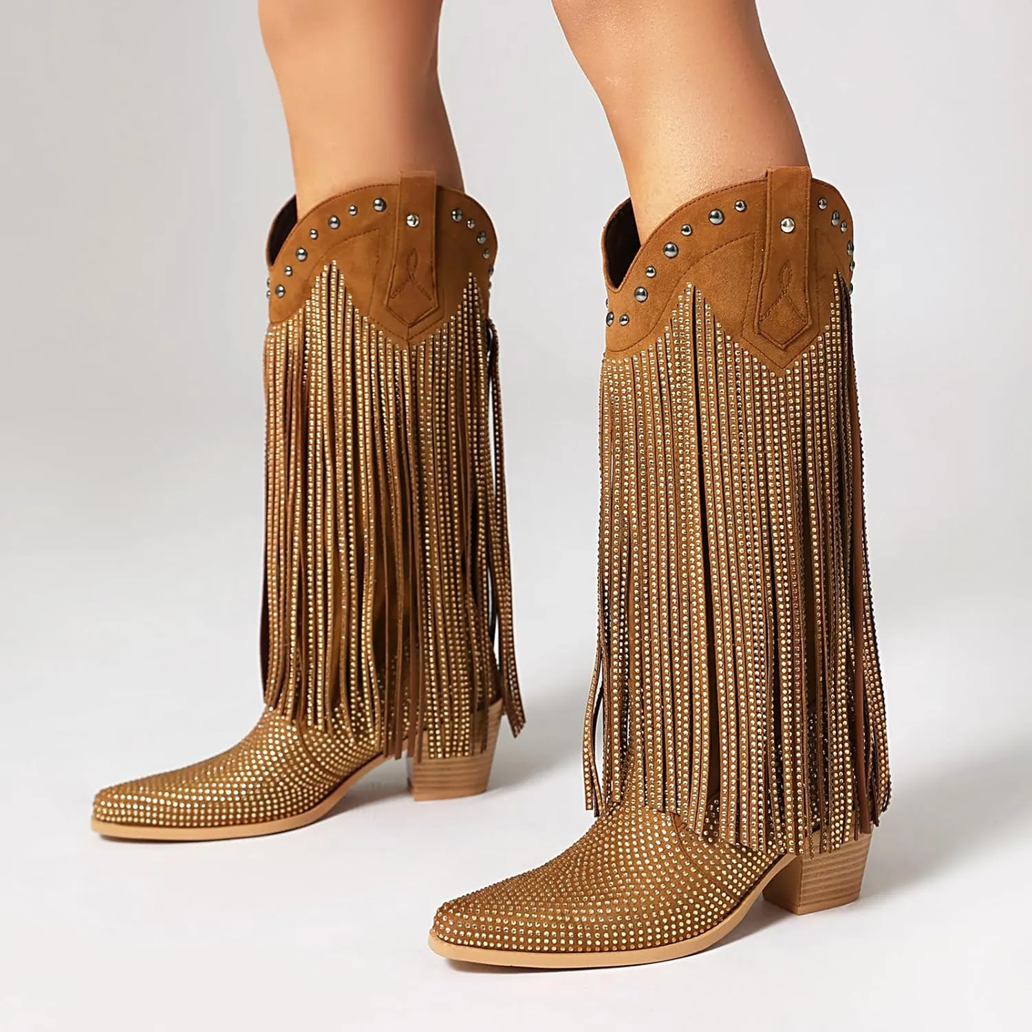 Women's Rhinestone Fringe Cowgirl Boots, Sparkly Western Cowboy Boots Pointed Toe Knee Block Chunky Middle Heel Pull On Mid Calf Boots for Women Girl Party