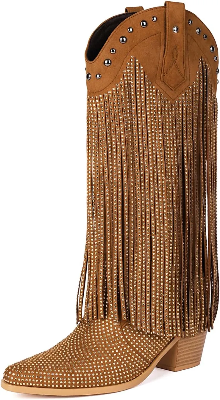 Women's Rhinestone Fringe Cowgirl Boots, Sparkly Western Cowboy Boots Pointed Toe Knee Block Chunky Middle Heel Pull On Mid Calf Boots for Women Girl Party