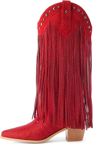 Women's Rhinestone Fringe Cowgirl Boots, Sparkly Western Cowboy Boots Pointed Toe Knee Block Chunky Middle Heel Pull On Mid Calf Boots for Women Girl Party