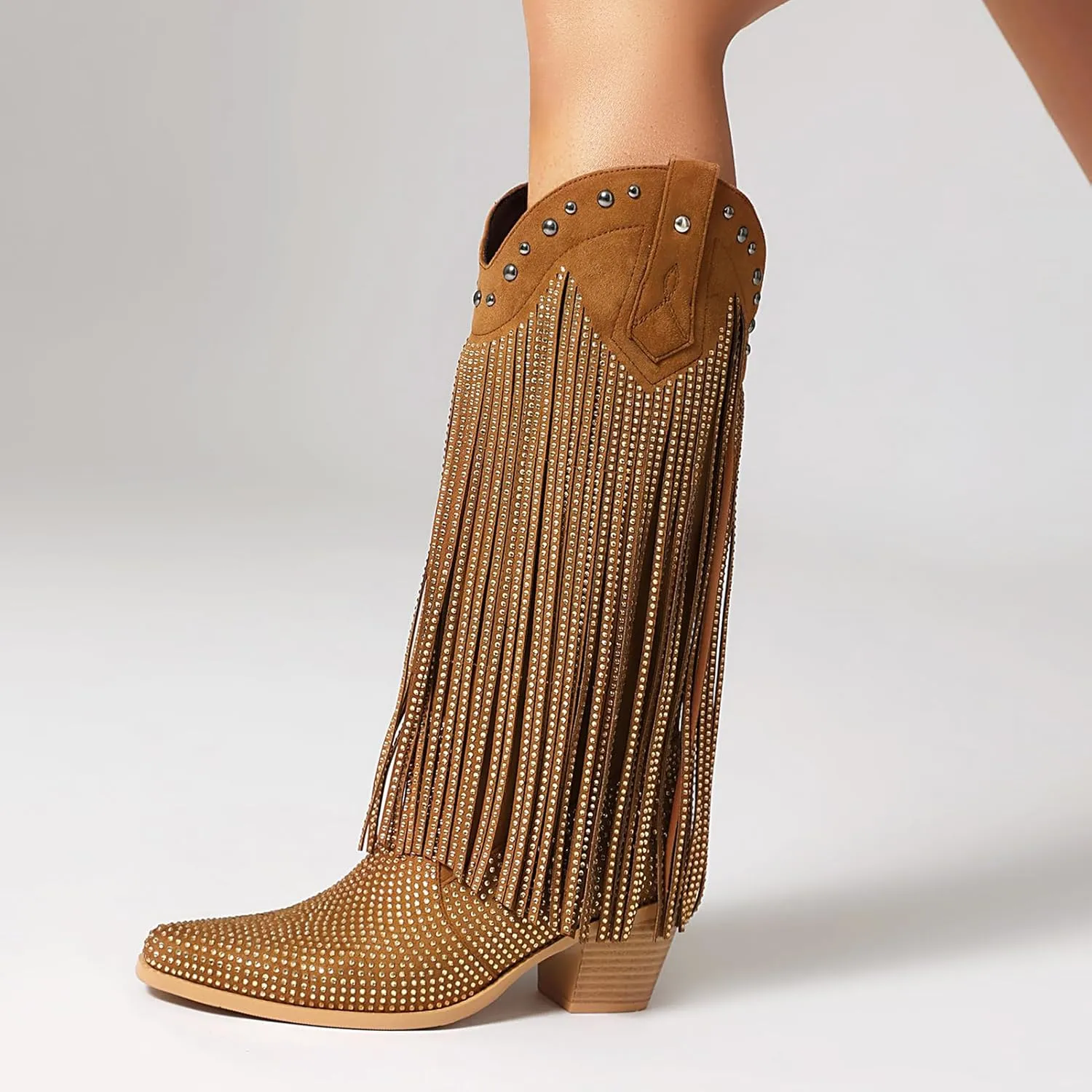 Women's Rhinestone Fringe Cowgirl Boots, Sparkly Western Cowboy Boots Pointed Toe Knee Block Chunky Middle Heel Pull On Mid Calf Boots for Women Girl Party