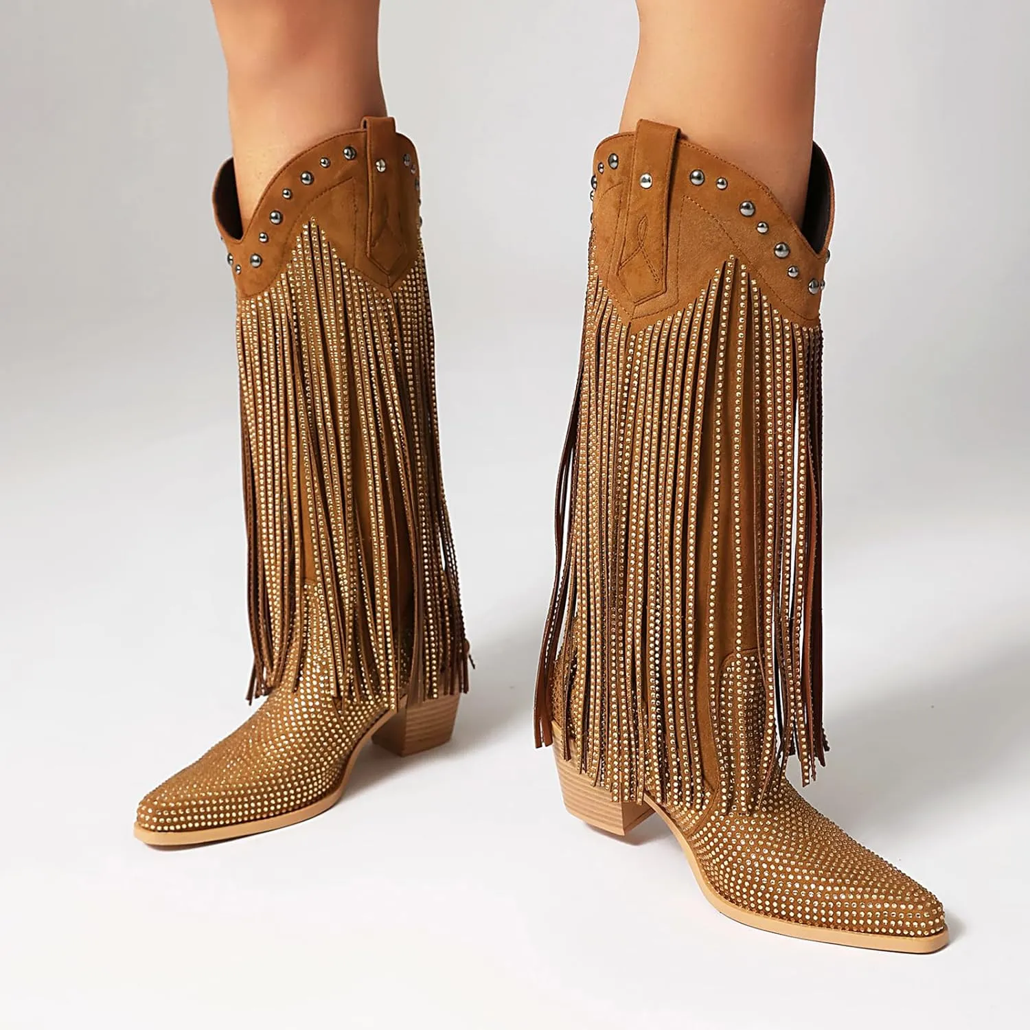 Women's Rhinestone Fringe Cowgirl Boots, Sparkly Western Cowboy Boots Pointed Toe Knee Block Chunky Middle Heel Pull On Mid Calf Boots for Women Girl Party
