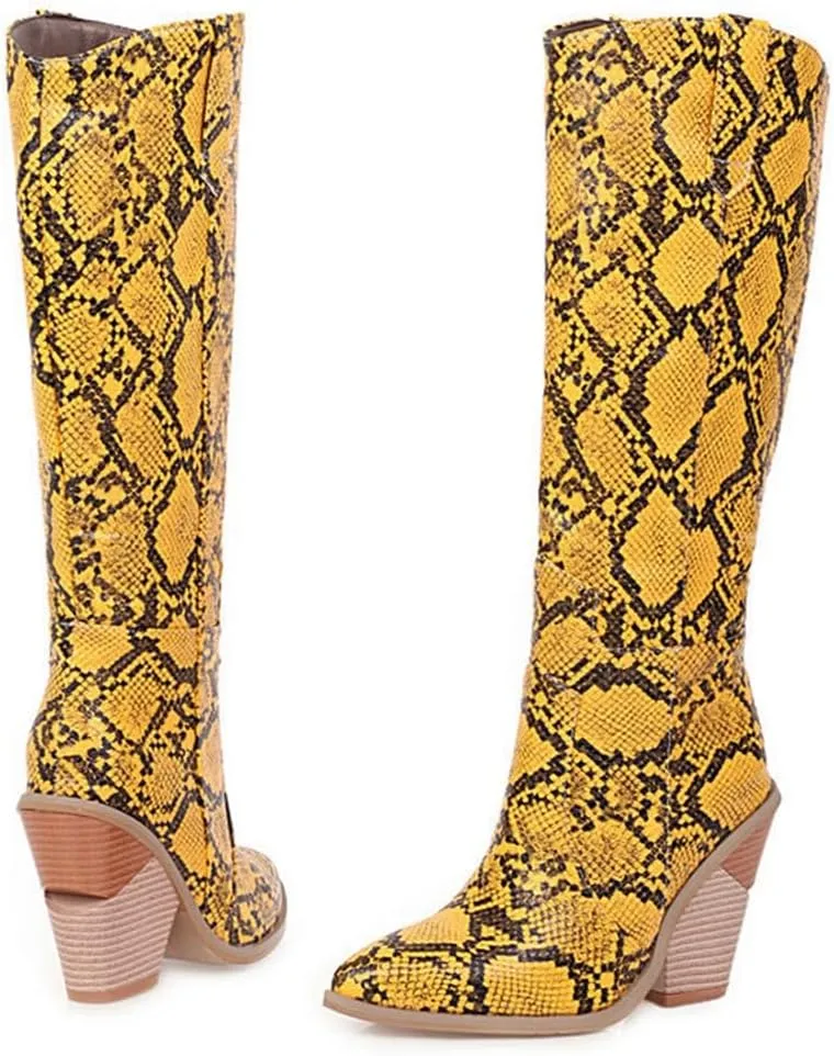 Womens Snake Print Knee High Boots Fashion Chunky Heel Pointed Toe Cowboy Boots Western Snakeskin Cowgirl Boots