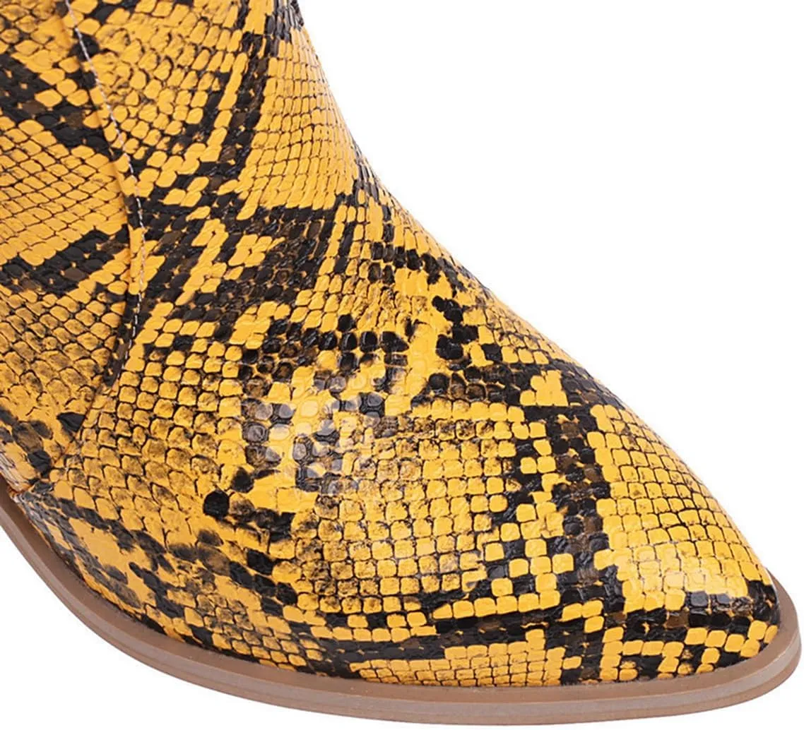 Womens Snake Print Knee High Boots Fashion Chunky Heel Pointed Toe Cowboy Boots Western Snakeskin Cowgirl Boots