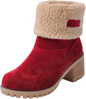 Womens Snow Boots Chunky Heel Slip On Ankle Booties Suede Fur Lined Waterproof Outdoor Comfortable Winter Shoes