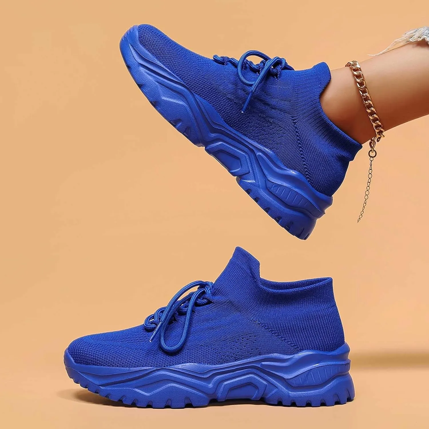 Women's Solid Color Fashion Four Season Lace Up Sneakers Solid Color Flying Woven Running Shoes Women's Water Shoes