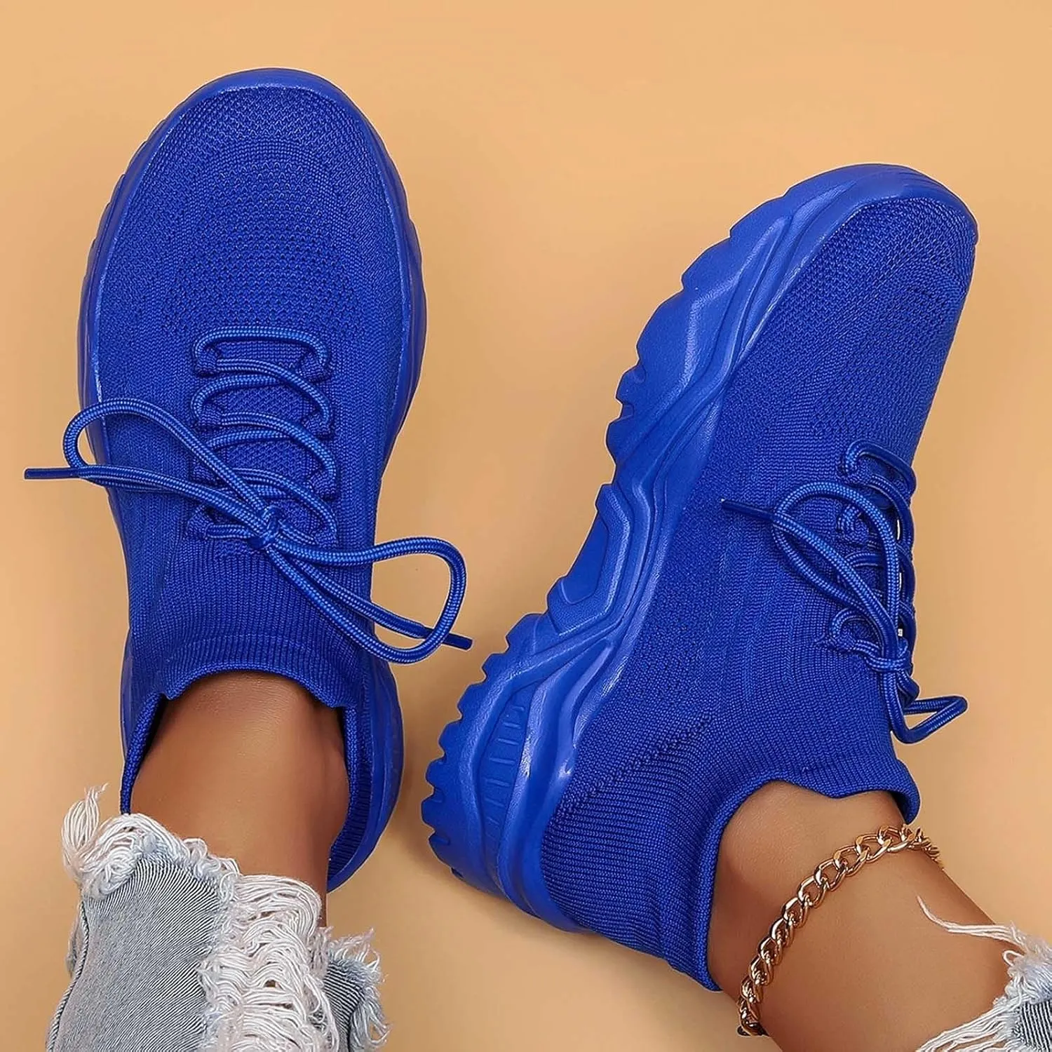 Women's Solid Color Fashion Four Season Lace Up Sneakers Solid Color Flying Woven Running Shoes Women's Water Shoes