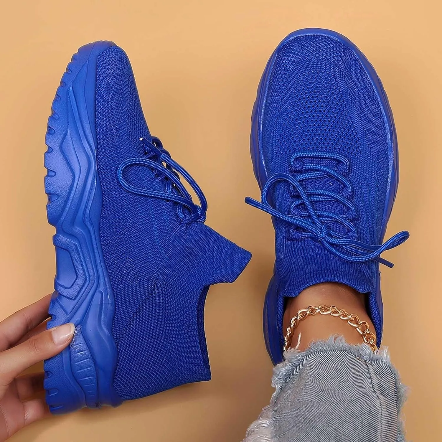 Women's Solid Color Fashion Four Season Lace Up Sneakers Solid Color Flying Woven Running Shoes Women's Water Shoes