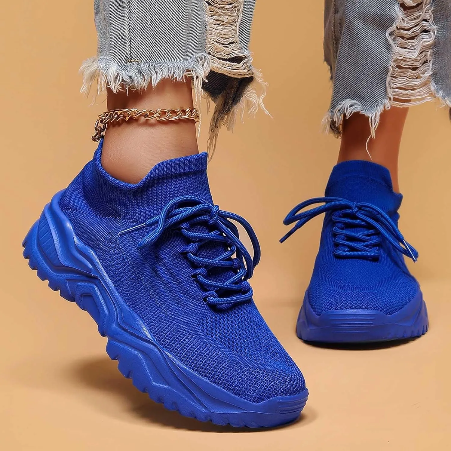 Women's Solid Color Fashion Four Season Lace Up Sneakers Solid Color Flying Woven Running Shoes Women's Water Shoes