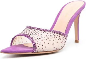 Womens Stiletto Heel Rhinestone Mesh Mules Slip On Pointed Toe Crystal Slides Slippers