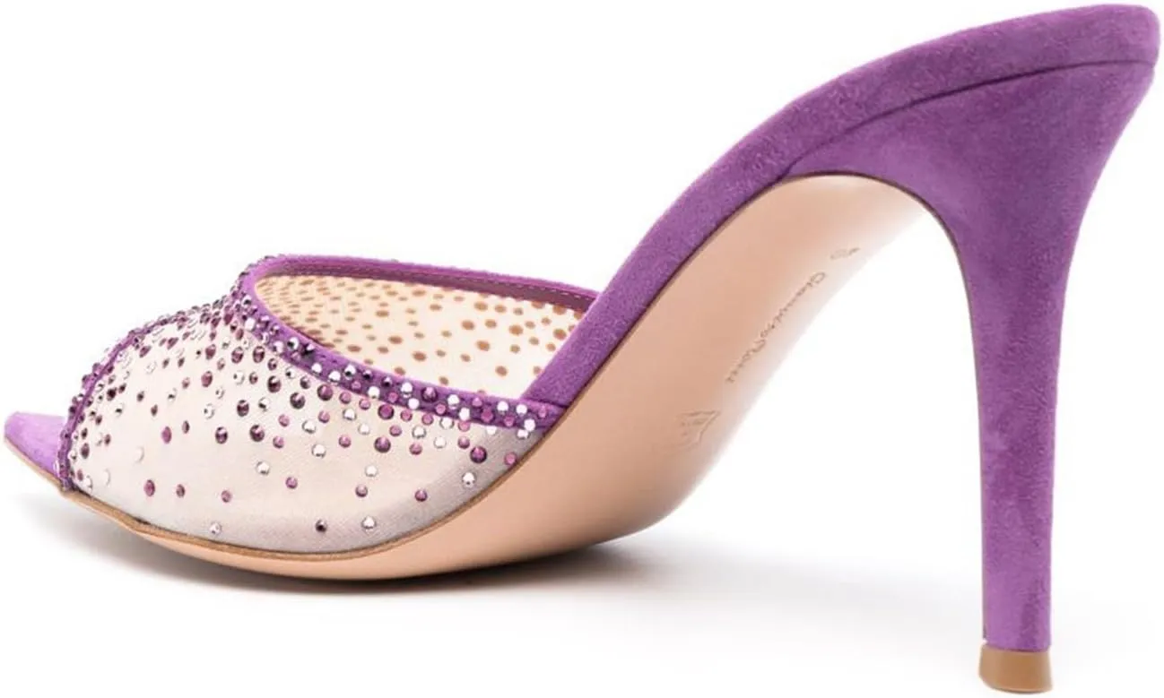 Womens Stiletto Heel Rhinestone Mesh Mules Slip On Pointed Toe Crystal Slides Slippers