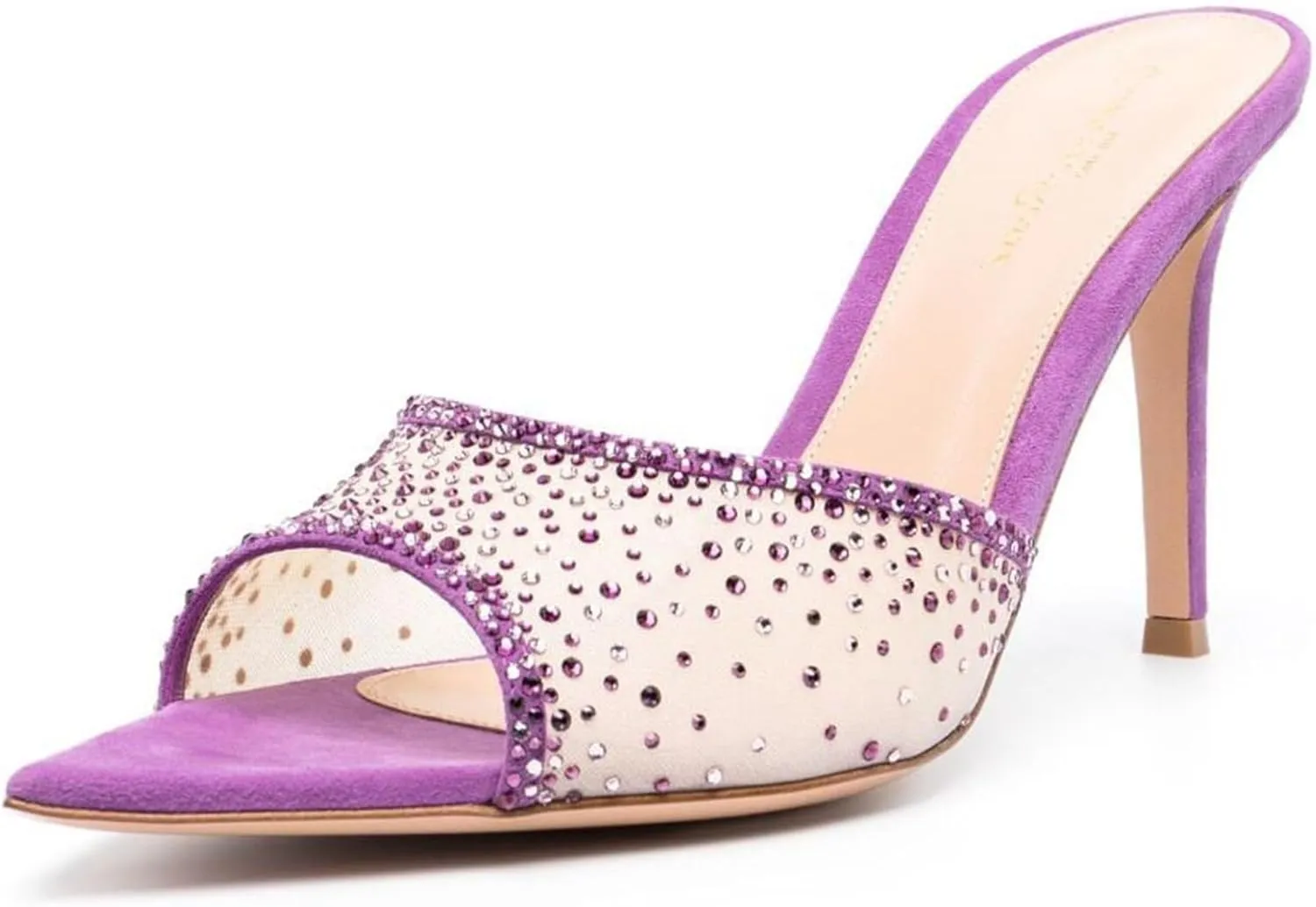 Womens Stiletto Heel Rhinestone Mesh Mules Slip On Pointed Toe Crystal Slides Slippers