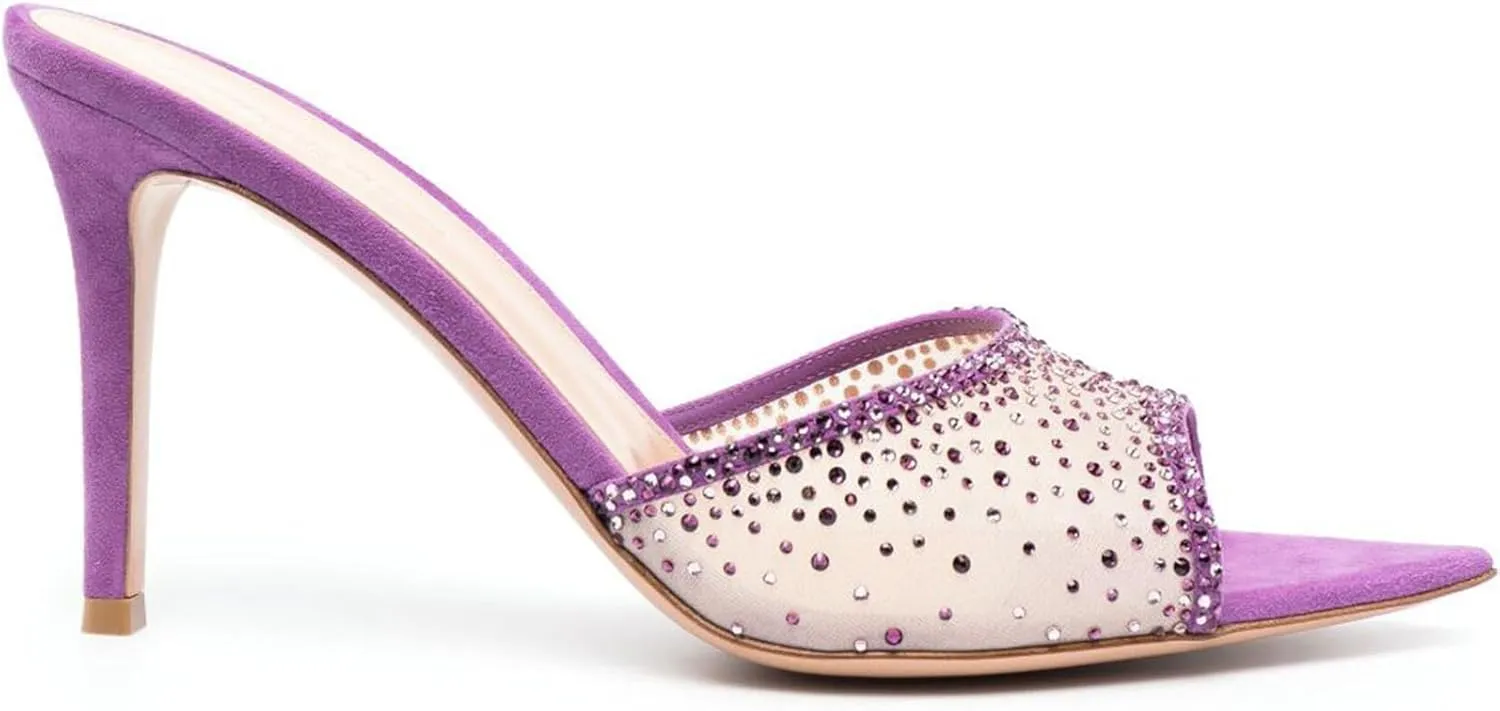 Womens Stiletto Heel Rhinestone Mesh Mules Slip On Pointed Toe Crystal Slides Slippers