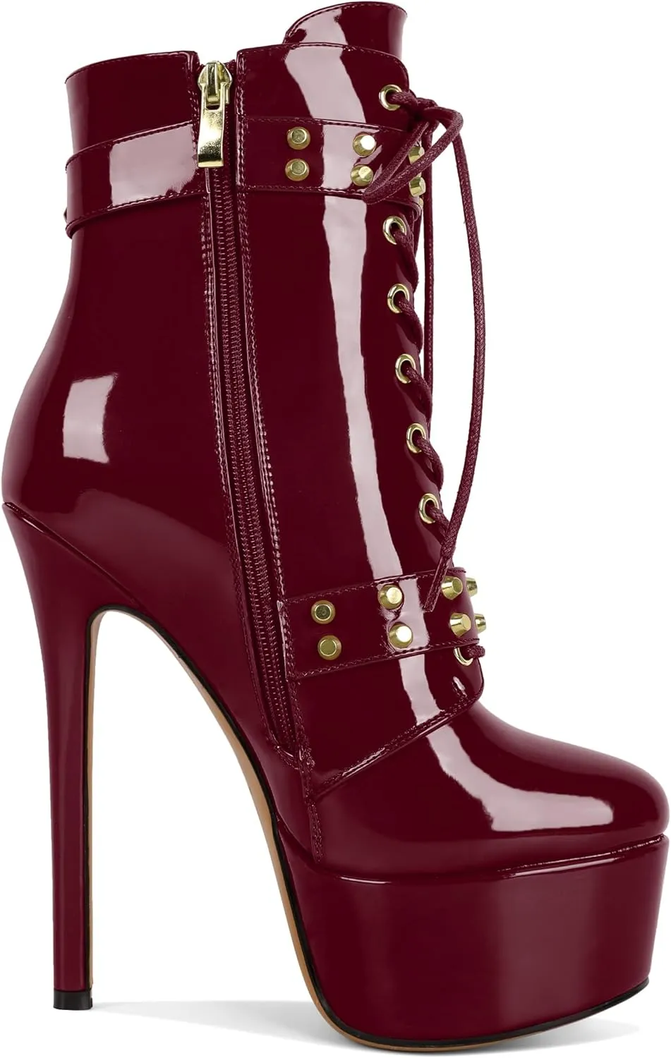 Womens Stiletto High Heel Platform Ankle Boots Round Toe Lace-up Zipper Mid Calf Buckle Patent Leather 6 Inch Sexy Booties