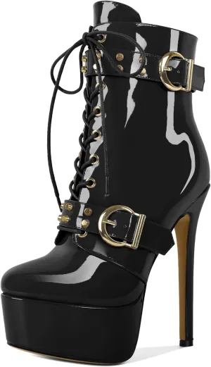 Womens Stiletto High Heel Platform Ankle Boots Round Toe Lace-up Zipper Mid Calf Buckle Patent Leather 6 Inch Sexy Booties