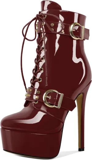 Womens Stiletto High Heel Platform Ankle Boots Round Toe Lace-up Zipper Mid Calf Buckle Patent Leather 6 Inch Sexy Booties