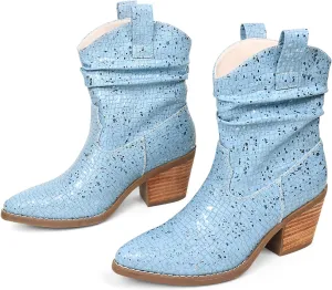 Womens Studded Cowboy Boots Fashion Vintage Sparkly Western Cowgirl Short Boots with Wide Calf Pointed Toe And Chunky Heel Design Ankle Boot