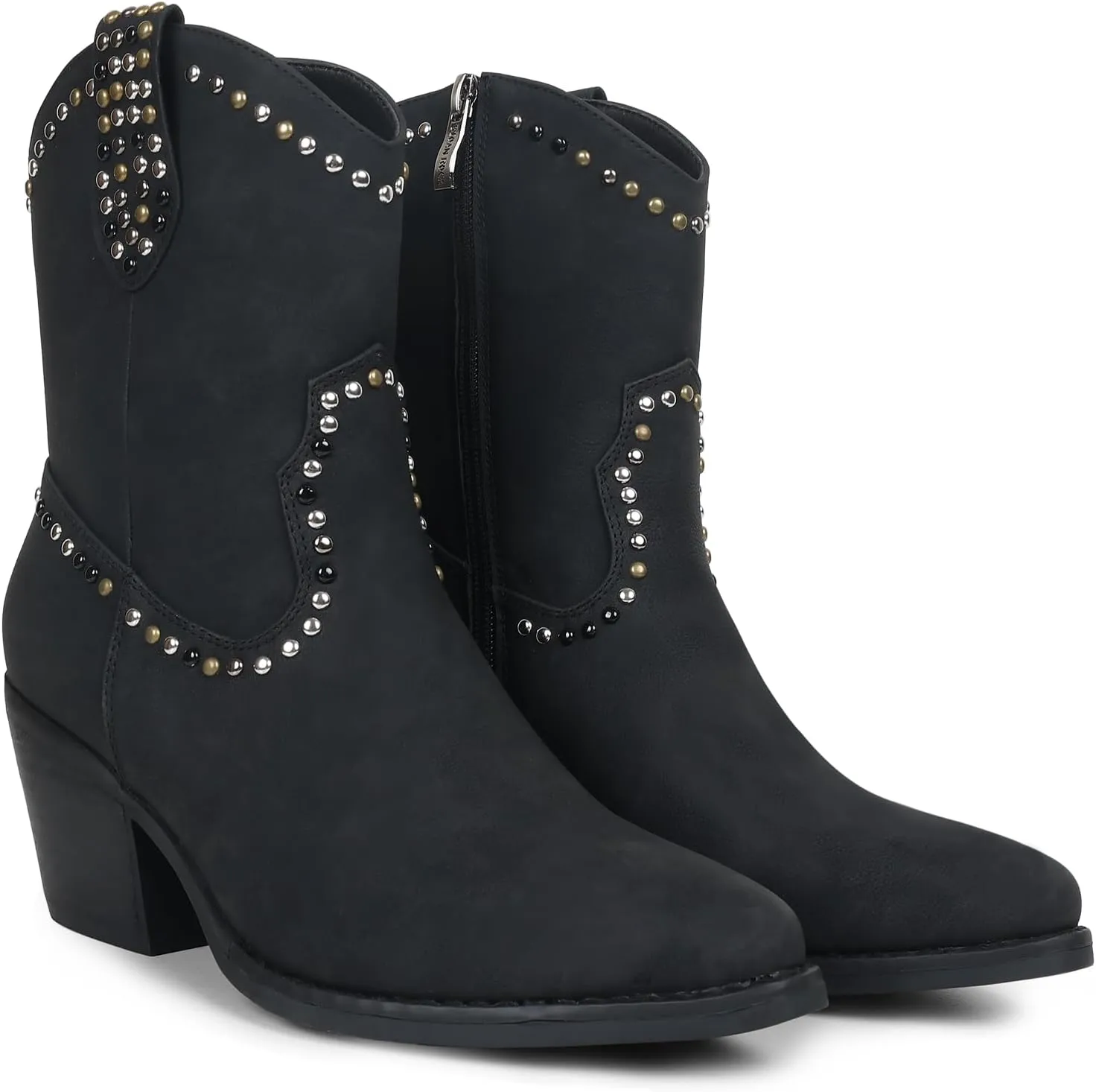 Womens Studded Cowboy Boots Fashion Vintage Sparkly Western Cowgirl Short Boots with Wide Calf Pointed Toe And Chunky Heel Design Ankle Boot