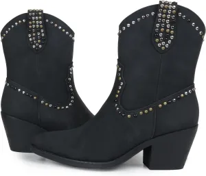 Womens Studded Cowboy Boots Fashion Vintage Sparkly Western Cowgirl Short Boots with Wide Calf Pointed Toe And Chunky Heel Design Ankle Boot