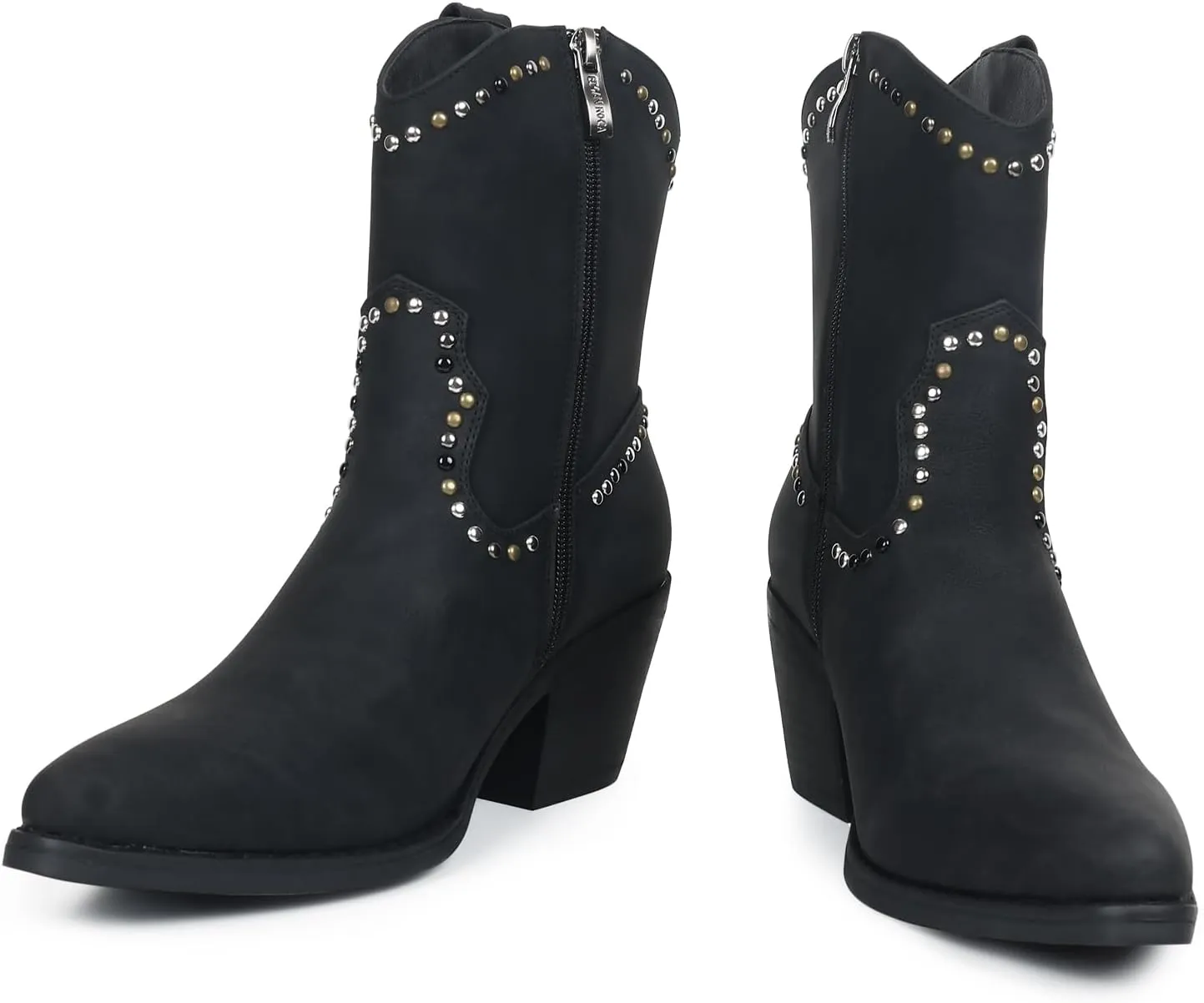 Womens Studded Cowboy Boots Fashion Vintage Sparkly Western Cowgirl Short Boots with Wide Calf Pointed Toe And Chunky Heel Design Ankle Boot