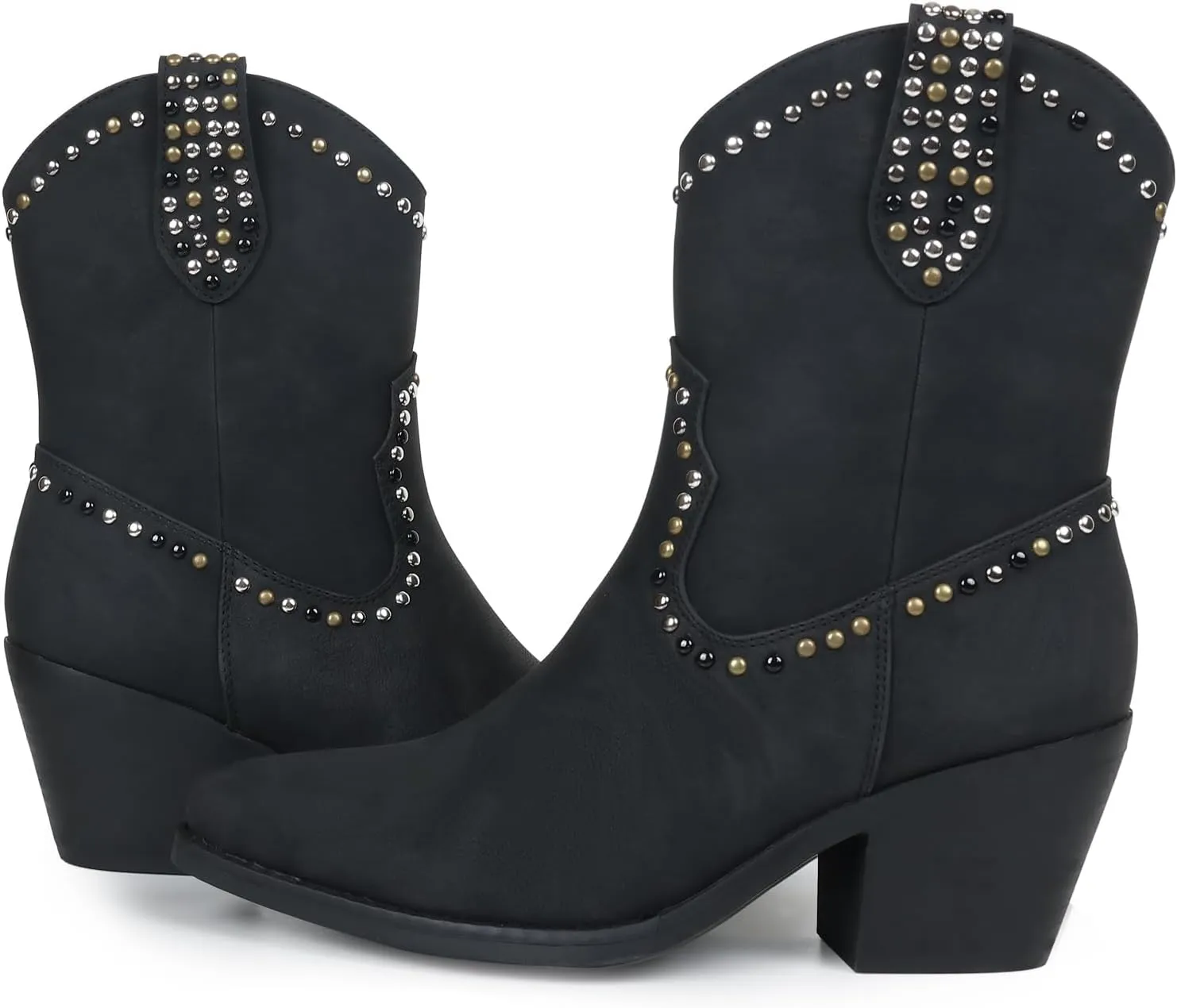Womens Studded Cowboy Boots Fashion Vintage Sparkly Western Cowgirl Short Boots with Wide Calf Pointed Toe And Chunky Heel Design Ankle Boot