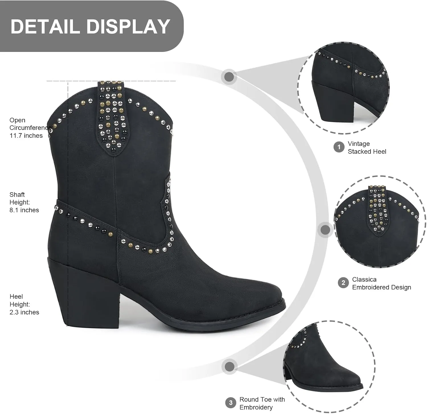 Womens Studded Cowboy Boots Fashion Vintage Sparkly Western Cowgirl Short Boots with Wide Calf Pointed Toe And Chunky Heel Design Ankle Boot