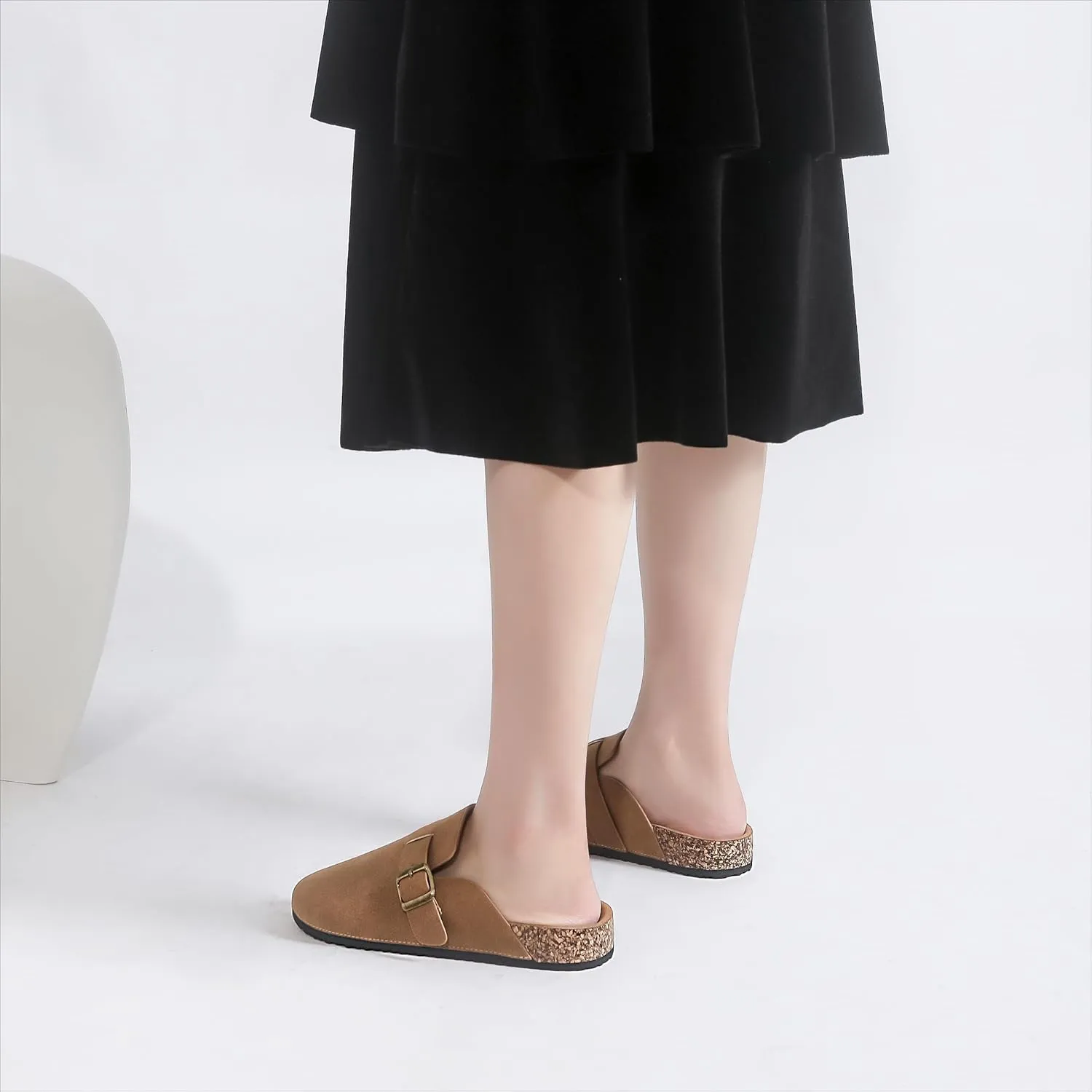 Women's Suede Clogs Soft Cork Footbed Leather Mules Comfort Potato Shoes, Classic Antislip Slippers Mules House Sandals Buckle