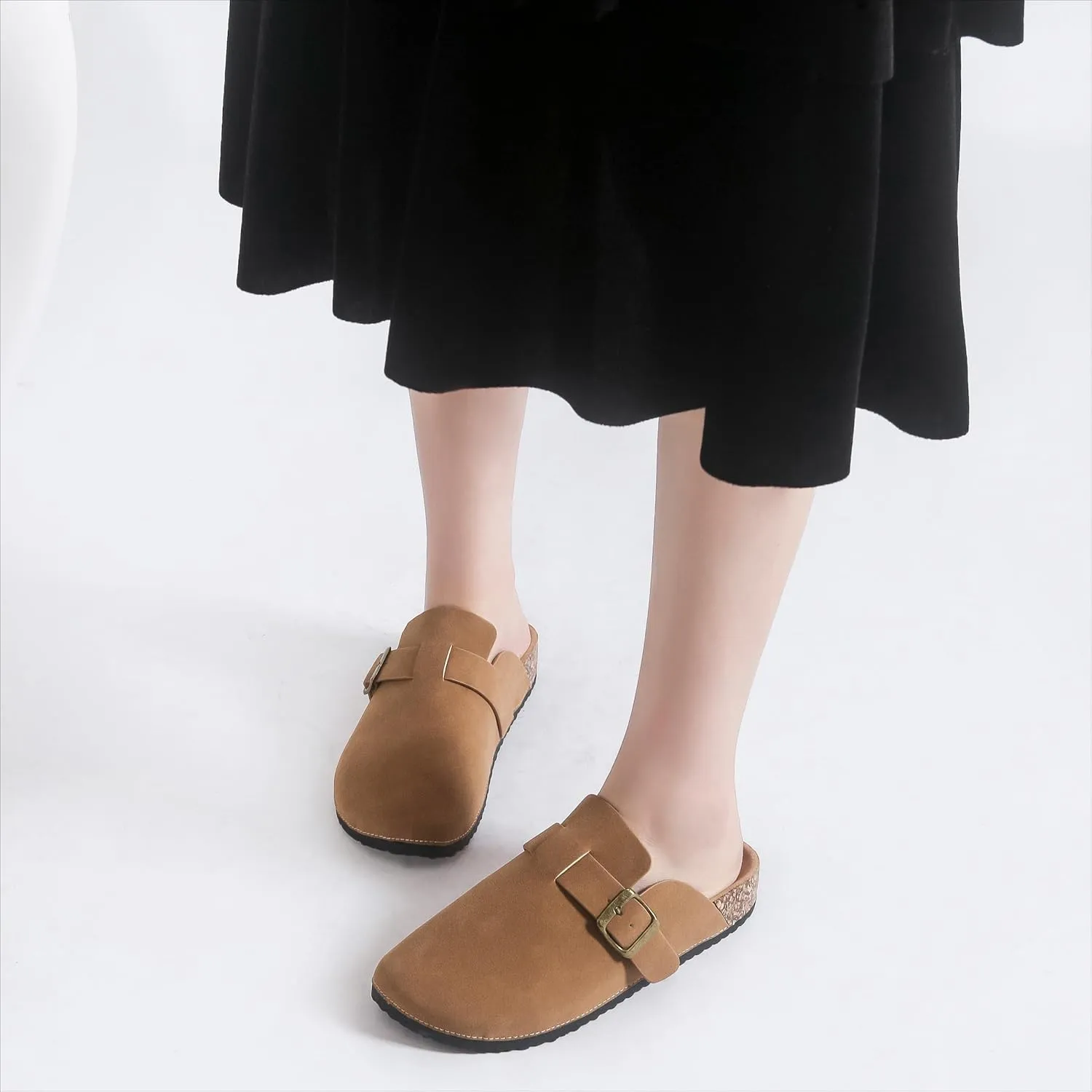 Women's Suede Clogs Soft Cork Footbed Leather Mules Comfort Potato Shoes, Classic Antislip Slippers Mules House Sandals Buckle