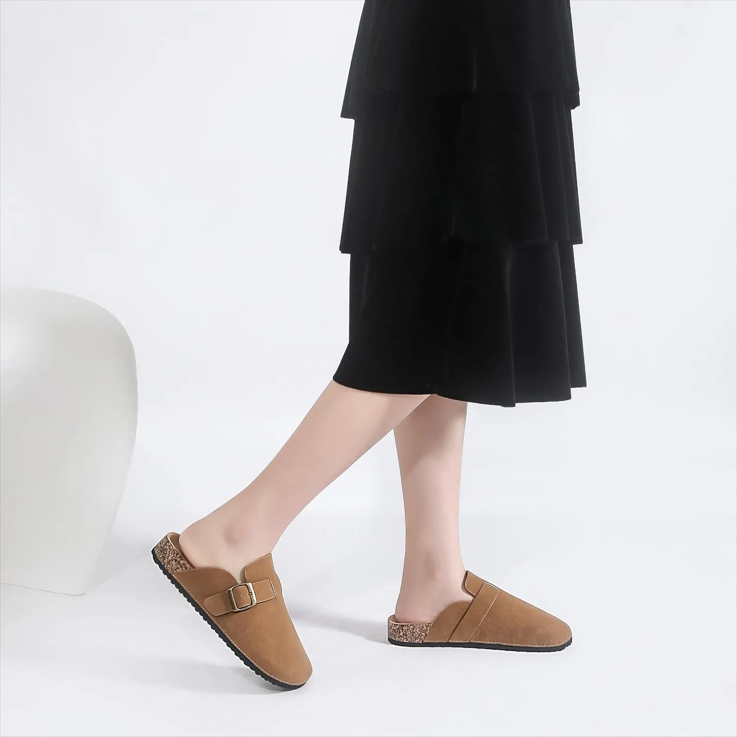 Women's Suede Clogs Soft Cork Footbed Leather Mules Comfort Potato Shoes, Classic Antislip Slippers Mules House Sandals Buckle