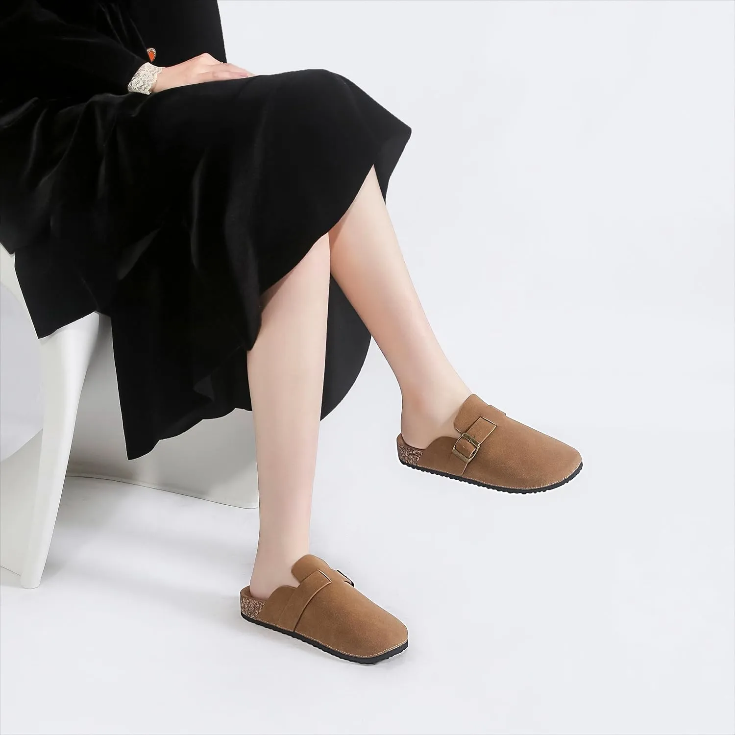 Women's Suede Clogs Soft Cork Footbed Leather Mules Comfort Potato Shoes, Classic Antislip Slippers Mules House Sandals Buckle