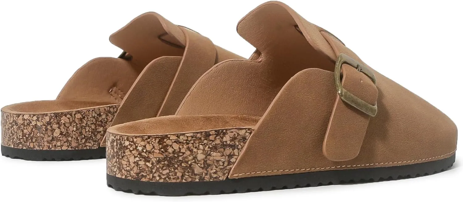 Women's Suede Clogs Soft Cork Footbed Leather Mules Comfort Potato Shoes, Classic Antislip Slippers Mules House Sandals Buckle