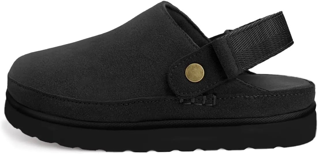 Women's Suede Platform Clogs with Strap Comfy Indoor Outdoor Mules Adjustable Goldenstar Clogs Slippers for Women