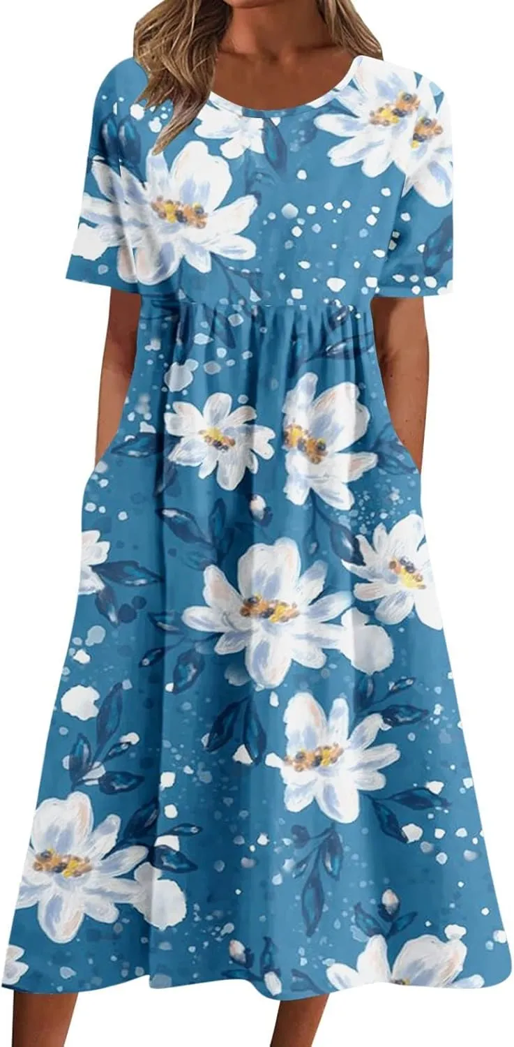 Women's Summer Floral Maxi Dress Trendy Graphic Print Short Sleeve Crewneck Dress Ruffle Swing Beach Long Dresses