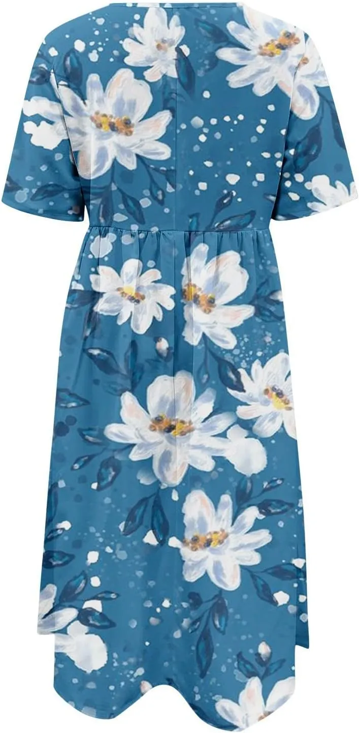 Women's Summer Floral Maxi Dress Trendy Graphic Print Short Sleeve Crewneck Dress Ruffle Swing Beach Long Dresses