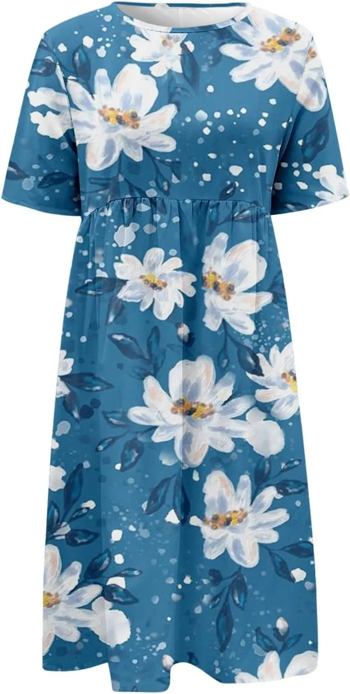 Women's Summer Floral Maxi Dress Trendy Graphic Print Short Sleeve Crewneck Dress Ruffle Swing Beach Long Dresses