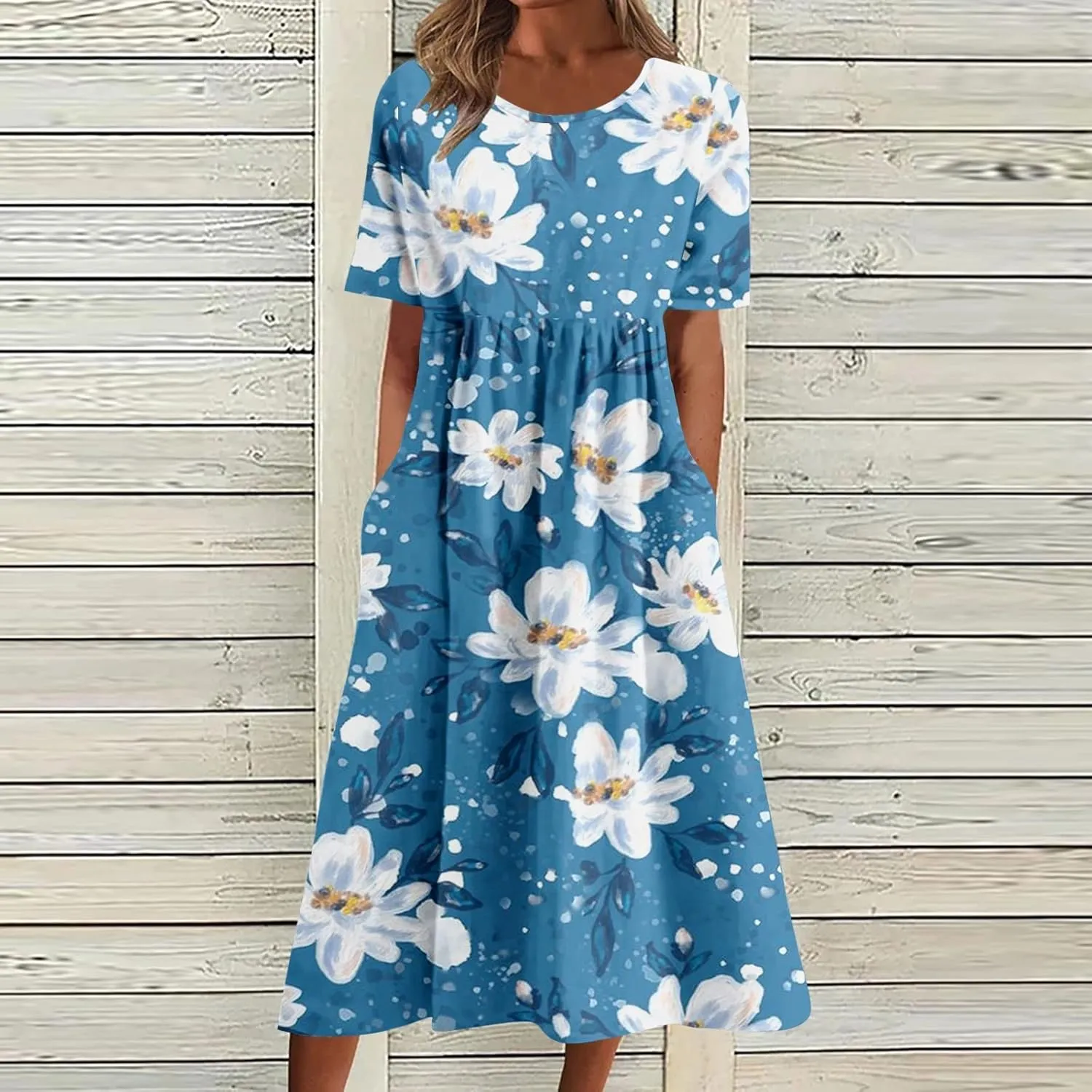 Women's Summer Floral Maxi Dress Trendy Graphic Print Short Sleeve Crewneck Dress Ruffle Swing Beach Long Dresses